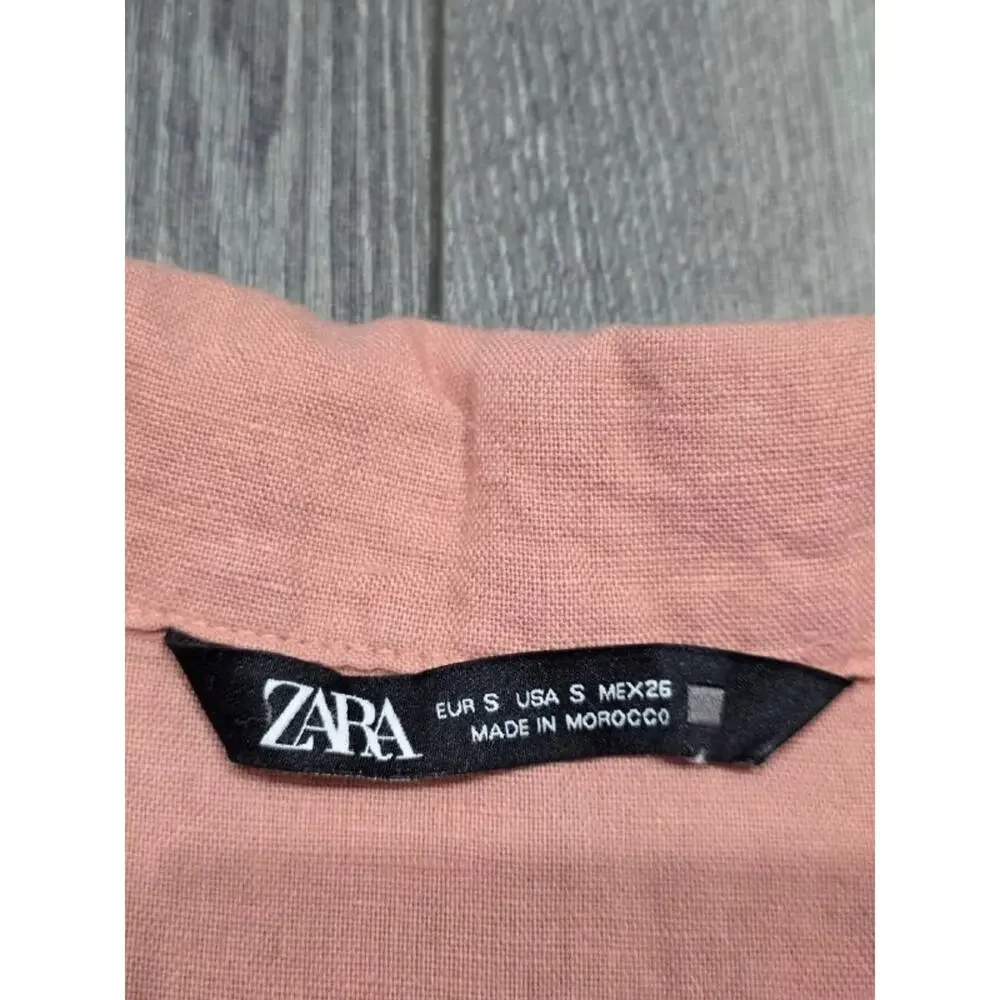 Zara Women Linen Jumpsuit Y2K Preppy V Neck Peach Short Sleeve Sz Small A004742